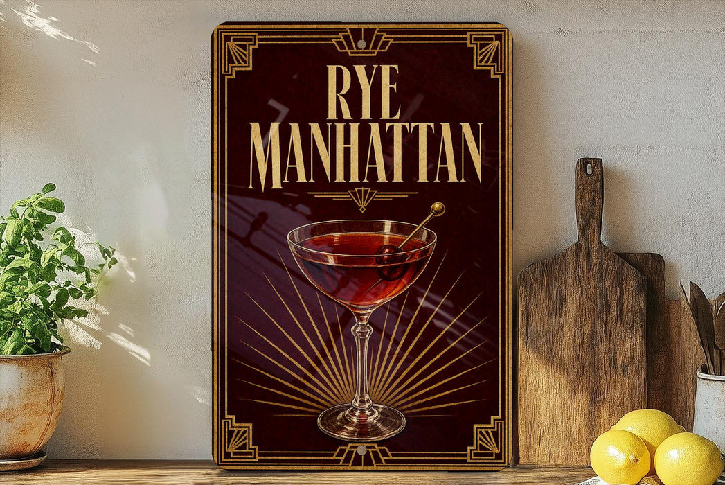 a decorative sign with the text "RYE MANHATTAN" and an illustration of a martini glass with a cherry on top, placed on a wooden surface next to a cutting board and some lemons.