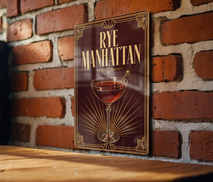 A decorative sign with the text "RYE MANHATTAN" and an illustration of a martini glass is displayed on a brick wall.