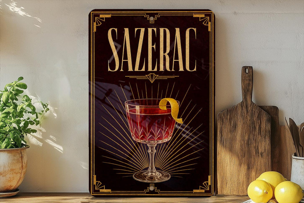 a decorative sign for a drink called "Sazerac" with a glass illustration and a lemon peel.