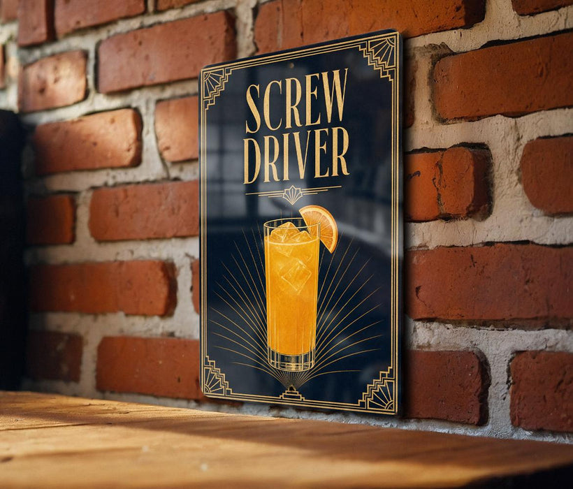 A poster with the title "SCROW DRIVER" and an illustration of a cocktail glass with a lemon slice.