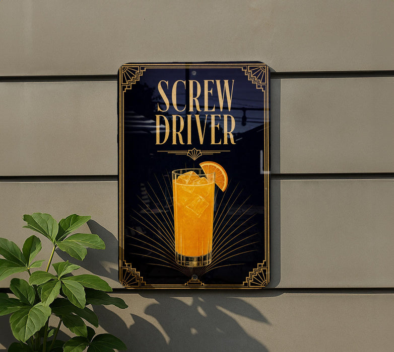 a sign that reads "Screw Driver" with an illustration of a glass of orange juice and a slice of orange on it.