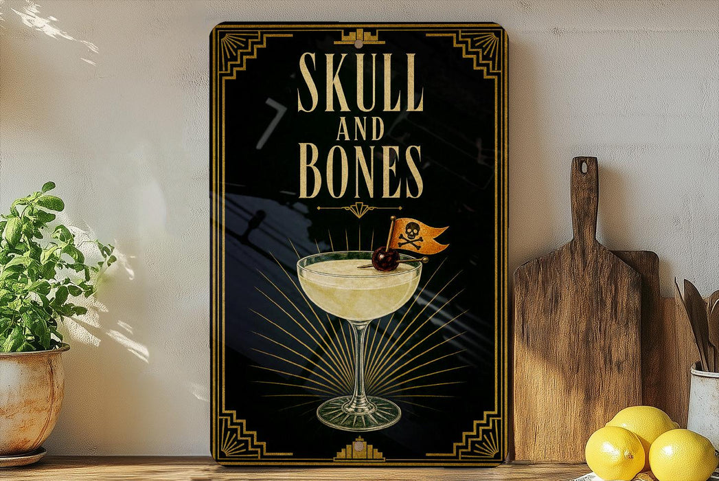 a decorative sign with the text "SKULL AND BONES" and an illustration of a cocktail glass with a skull and crossbones on the rim.