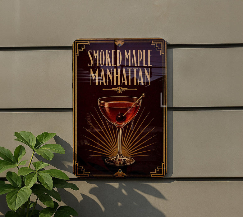 A sign for "Smoked Maple Manhattan" is displayed on a wall, featuring an illustration of a glass of the cocktail.