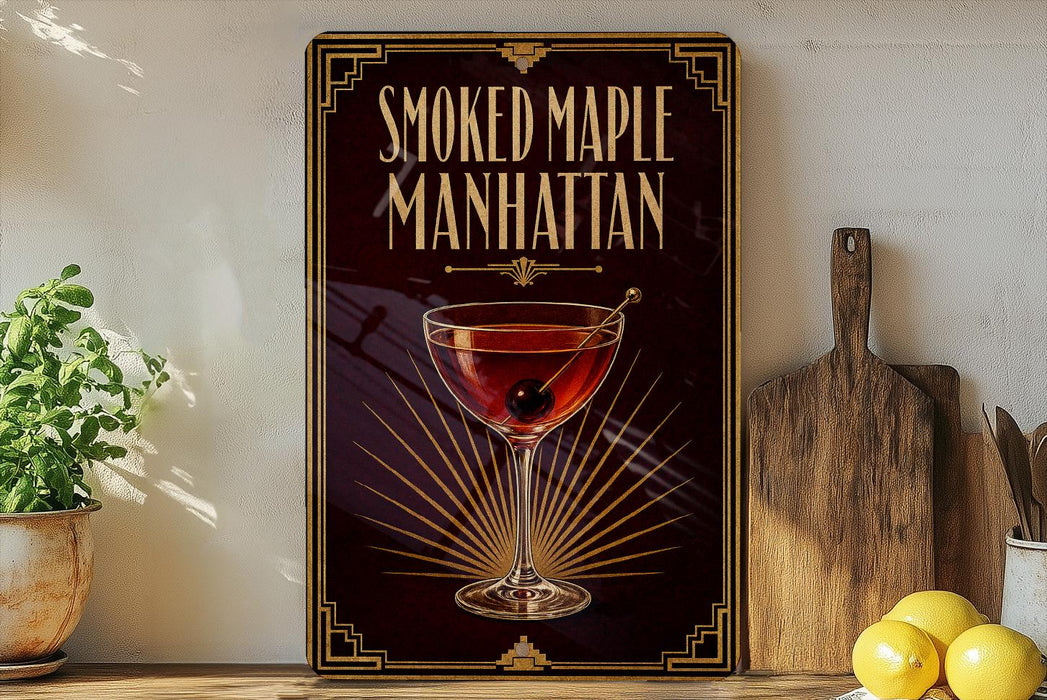 a framed poster of a smoked maple Manhattan cocktail, with a glass of the cocktail and a wooden cutting board visible.