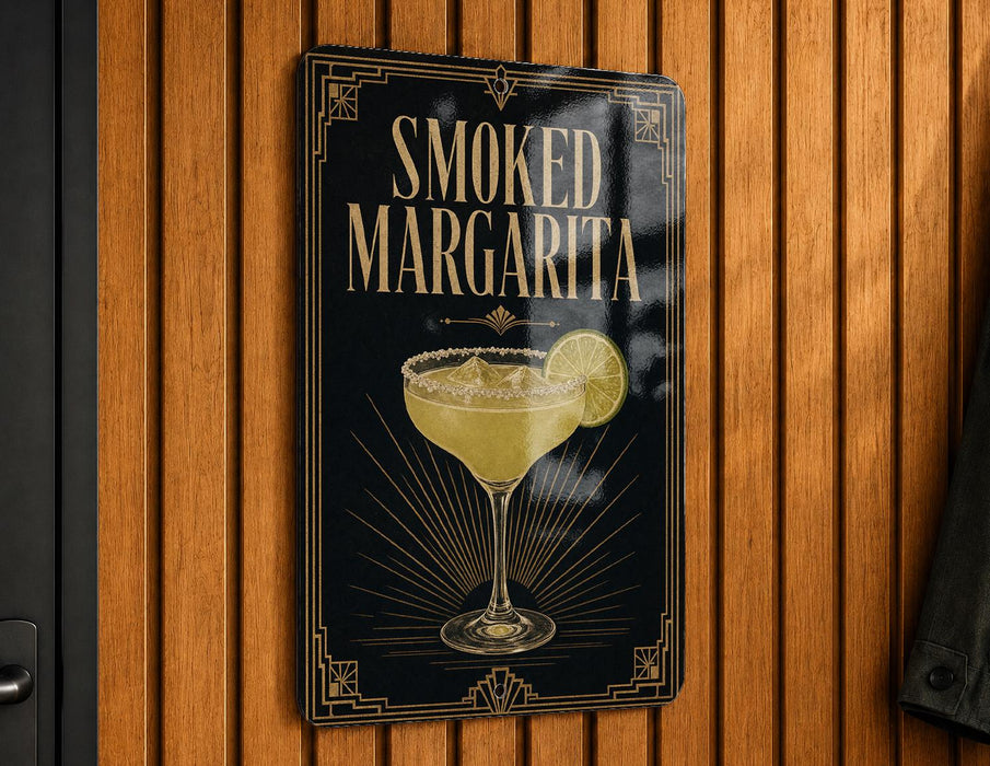 A sign for "Smoked Margarita" is displayed on a wooden wall.