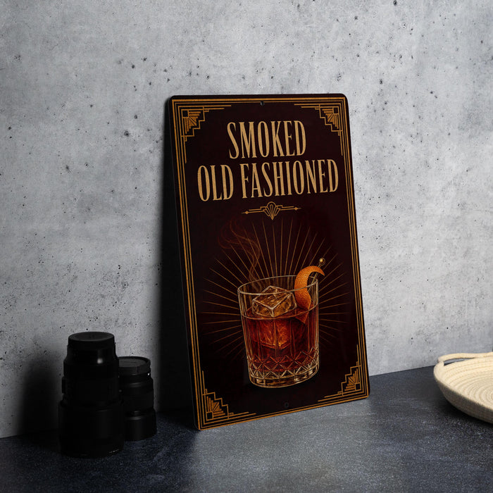 A framed poster with the text "SMOKED OLD FASHIONED" and an illustration of a glass of amber-colored liquid with a slice of orange on top, placed on a gray countertop next to a stack of black camera lenses.