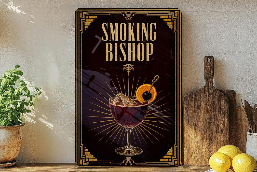 a decorative sign for a bar called "Smoking Bishop", with a glass of wine and a lemon on the sign.