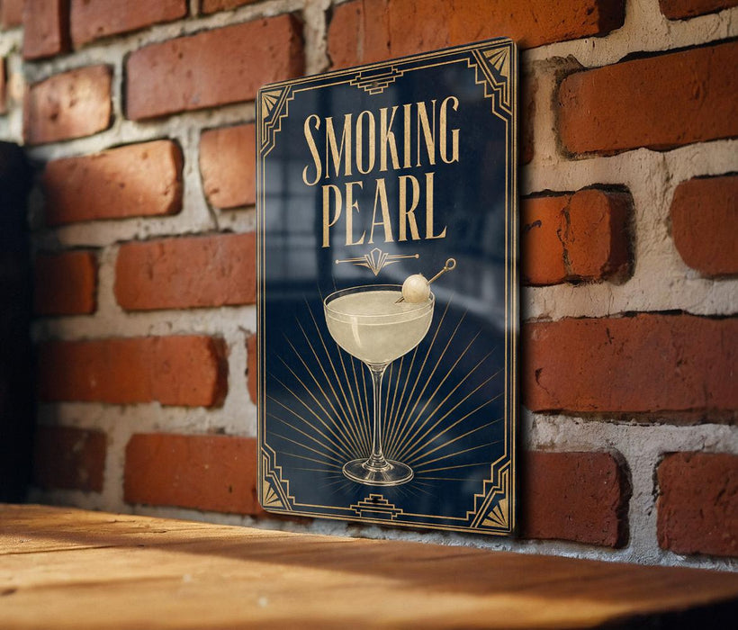 A sign with the text "Smoking Pearl" and an illustration of a cocktail glass with a pearl floating in it, mounted on a brick wall.