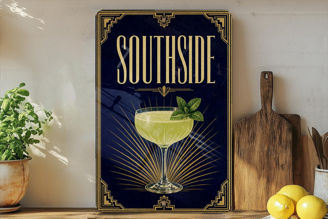 A framed poster with the text "SOUTHSIDE" and an illustration of a cocktail glass with a mint leaf garnish.