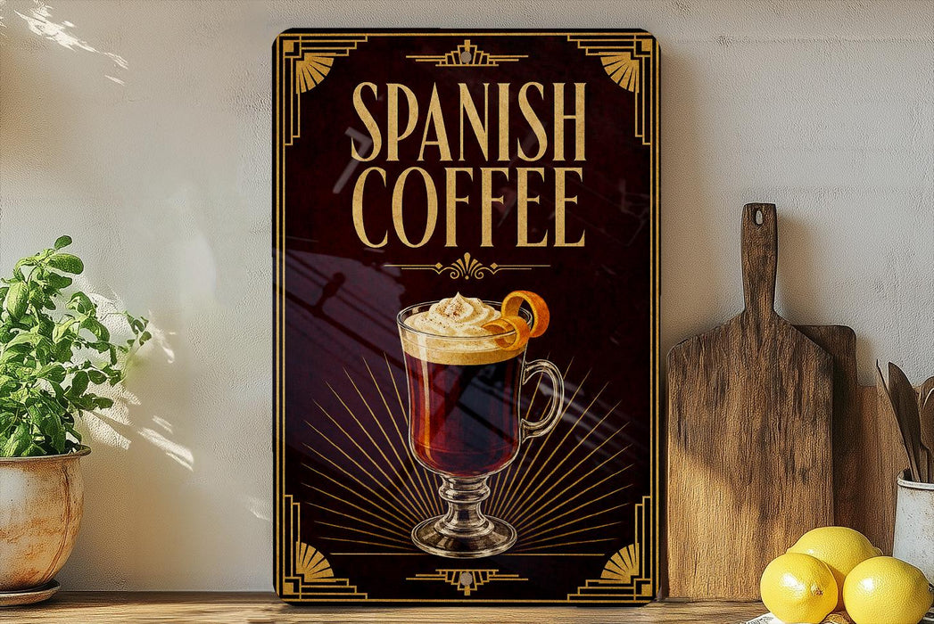 A decorative sign for Spanish coffee, featuring an illustration of a coffee drink with whipped cream and an orange slice, is displayed on a wooden shelf next to a potted plant and a cutting board.