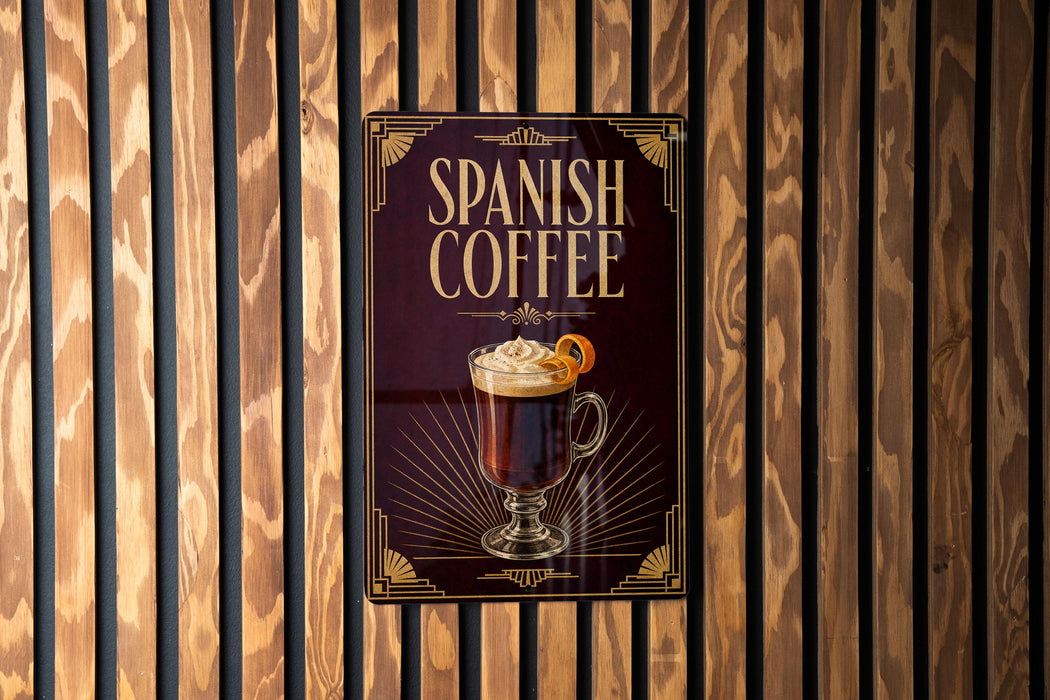 A sign for Spanish coffee is displayed on a wooden wall.