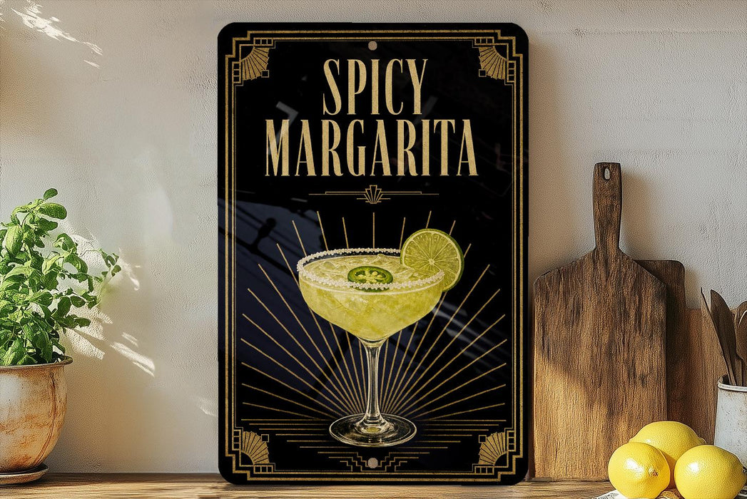 a decorative sign with the text "SPICY MARGARITA" and an illustration of a margarita glass with a lime slice.