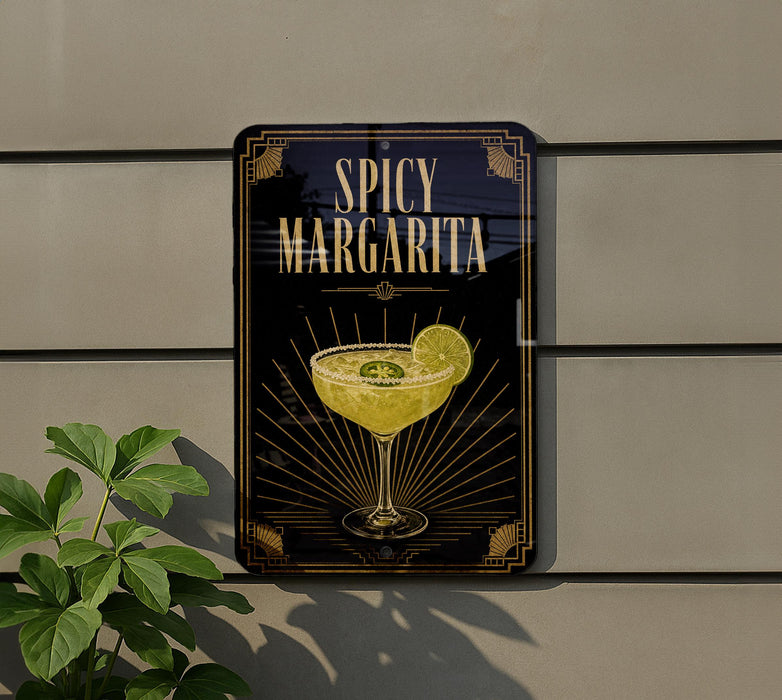 a sign for a spicy margarita cocktail, with a glass of margarita prominently displayed on the sign.