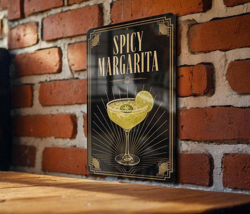 A decorative sign for a spicy margarita cocktail, featuring an illustration of a margarita glass with a lime wedge.