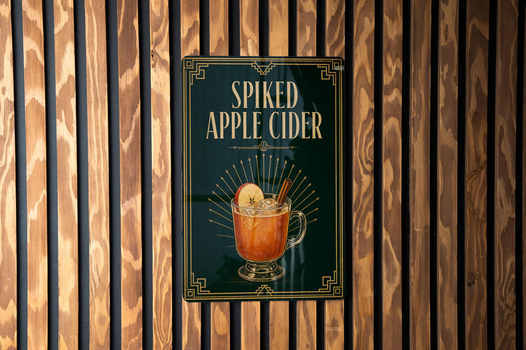A sign for "Spiked Apple Cider" is displayed on a wooden wall.