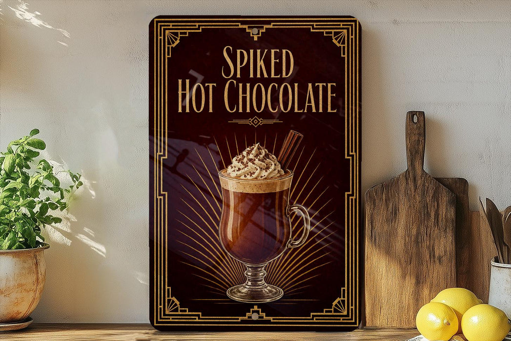 a framed advertisement for "Spiked Hot Chocolate" on a wall, with a glass mug containing a hot chocolate drink and whipped cream on top.