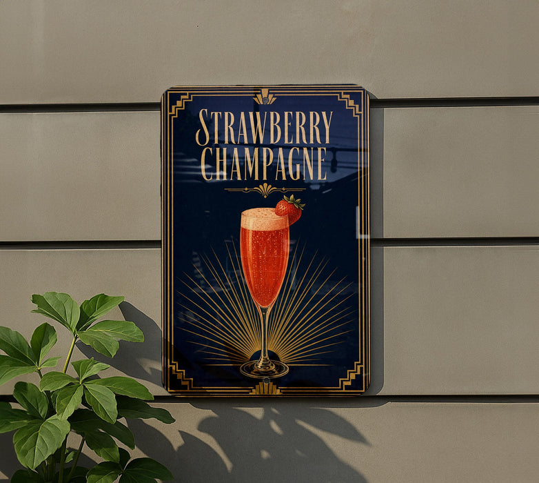 A sign for a strawberry champagne drink is displayed on a wall, with a plant visible to the left.