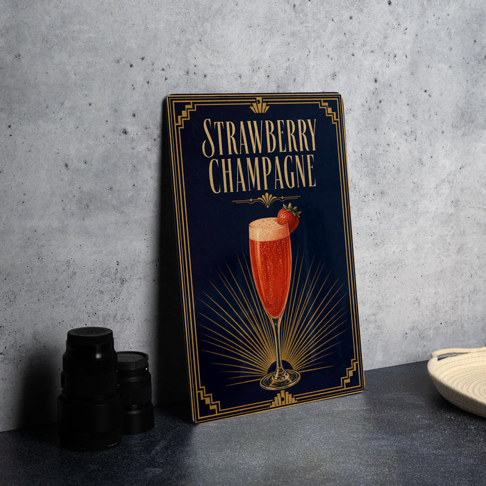 A framed illustration of a strawberry champagne drink on a dark background, with a glass containing the drink and a strawberry garnish.