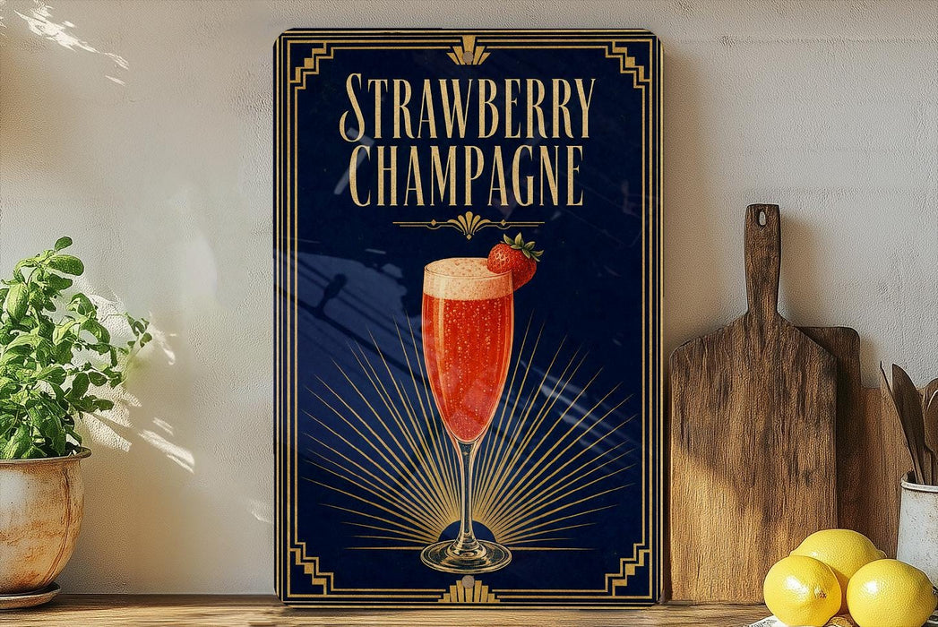 A framed poster of a strawberry champagne drink is displayed on a wall, with a wooden cutting board and a potted plant to the side.