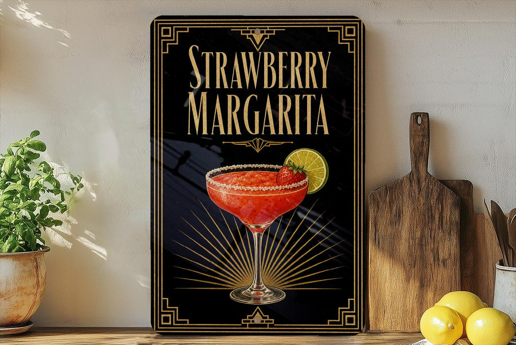 A framed poster of a strawberry margarita is displayed on a wall, with a wooden cutting board and a potted plant to the side.