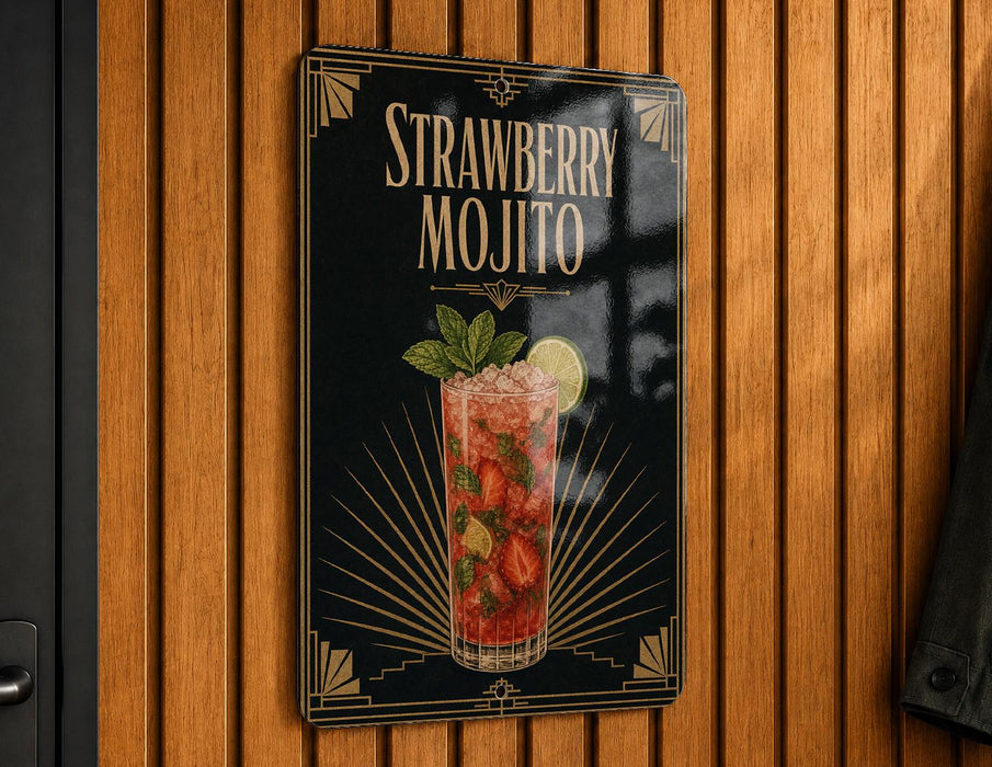 A sign for a strawberry mojito cocktail is displayed on a wooden wall.