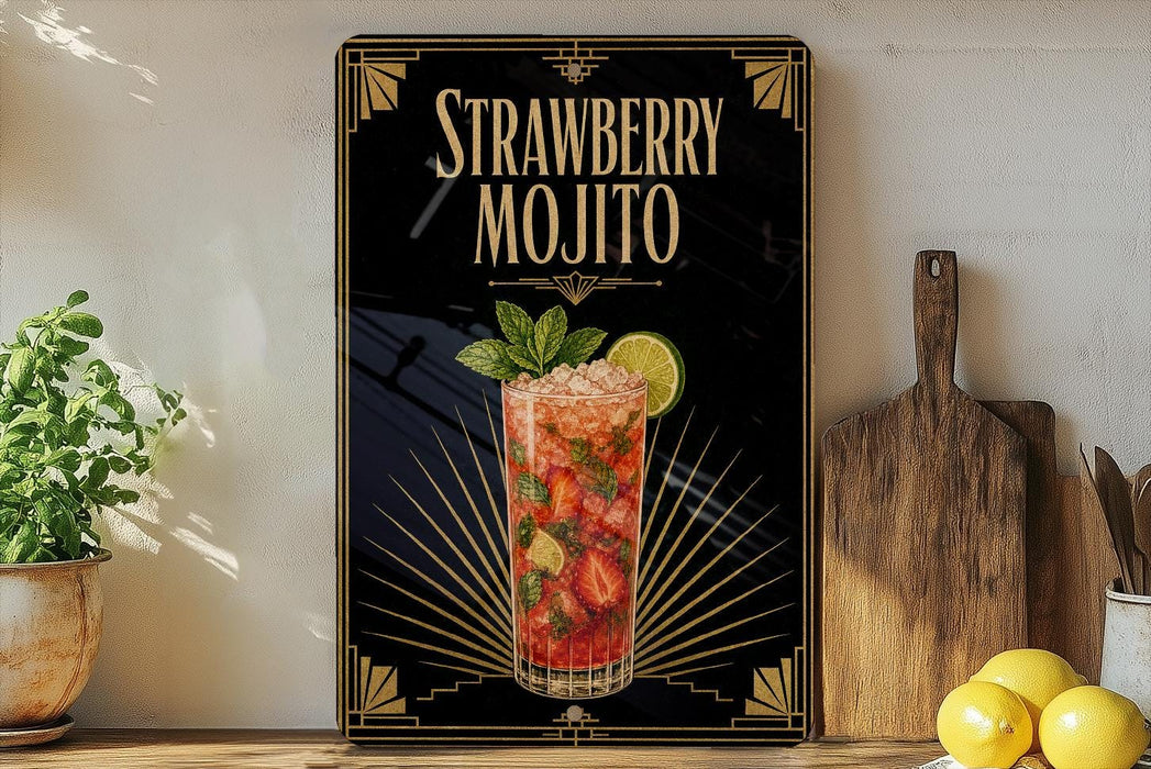 A framed advertisement for a strawberry mojito cocktail, featuring a glass of the drink with a lemon slice and mint leaves.
