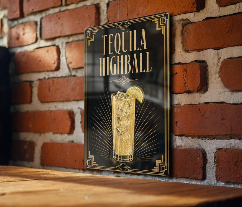 A sign for "Tequila Highball" is displayed on a brick wall, featuring an illustration of a tequila highball cocktail with a lime slice.