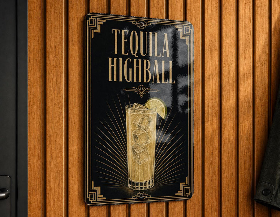 A sign for "Tequila Highball" is displayed on a wooden wall.