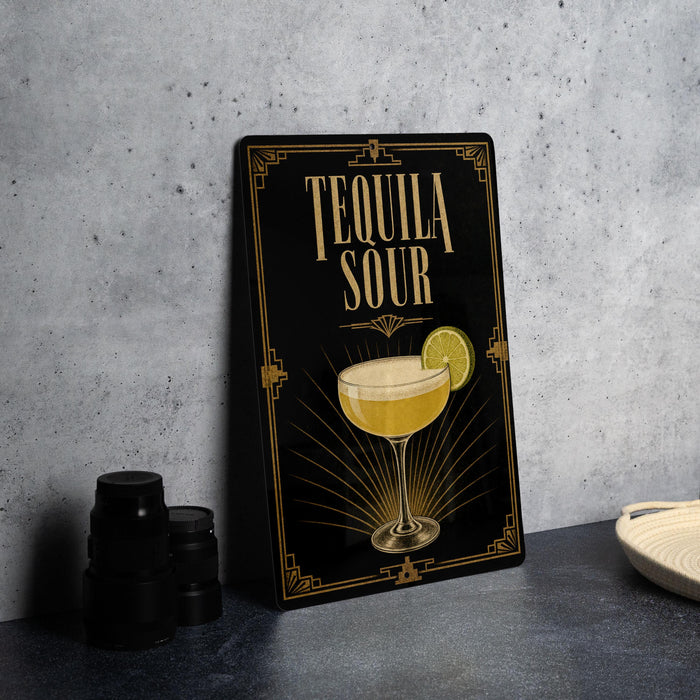 A decorative sign for a tequila sour cocktail, featuring an illustration of a tequila glass with a lemon slice.