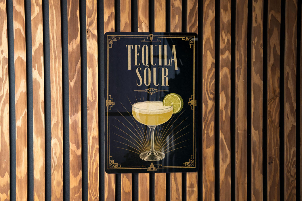 A sign for "Tequila Sour" is displayed on a wooden wall.