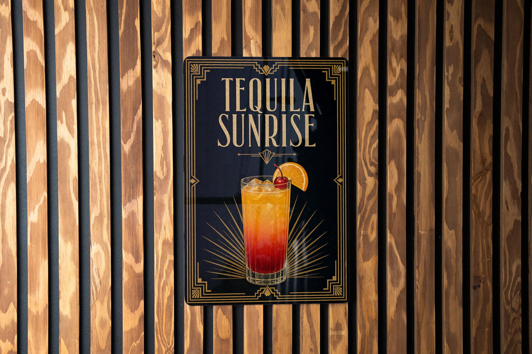 A sign for "Tequila Sunrise" is displayed on a wooden wall.