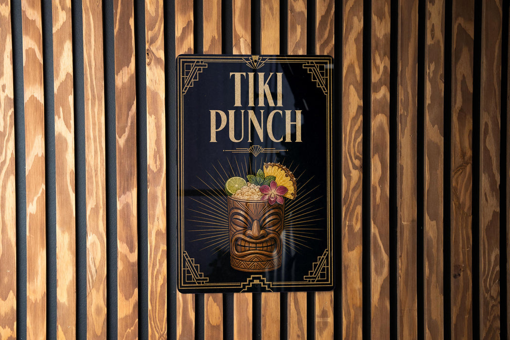 A sign for "Tiki Punch" is displayed on a wooden wall.