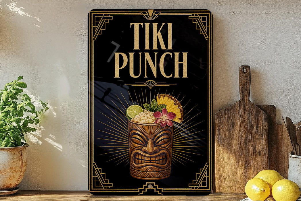 A framed poster of a tiki drink with a tiki mask and tropical fruits, displayed on a shelf next to a wooden cutting board and a potted plant.