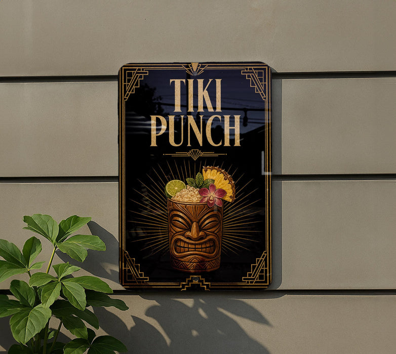 A sign for "Tiki Punch" is displayed on a wall, featuring a tiki mask and a tiki drink.