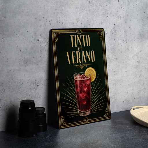 a framed poster advertising a drink called "Tinto de Verano" with a glass illustration of a red beverage and a lemon slice.