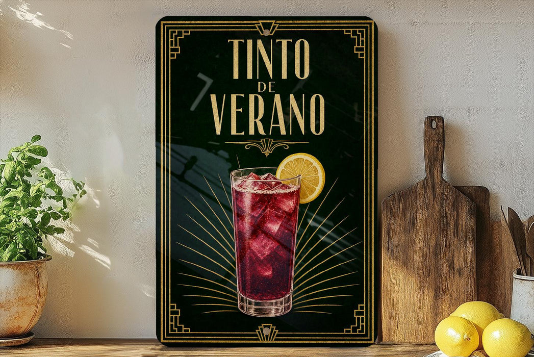 a framed advertisement for a drink called "Tinto de Verano", which is a red cocktail with a lemon slice. The advertisement has a black background with gold accents, and the drink is depicted in a glass with ice cubes.