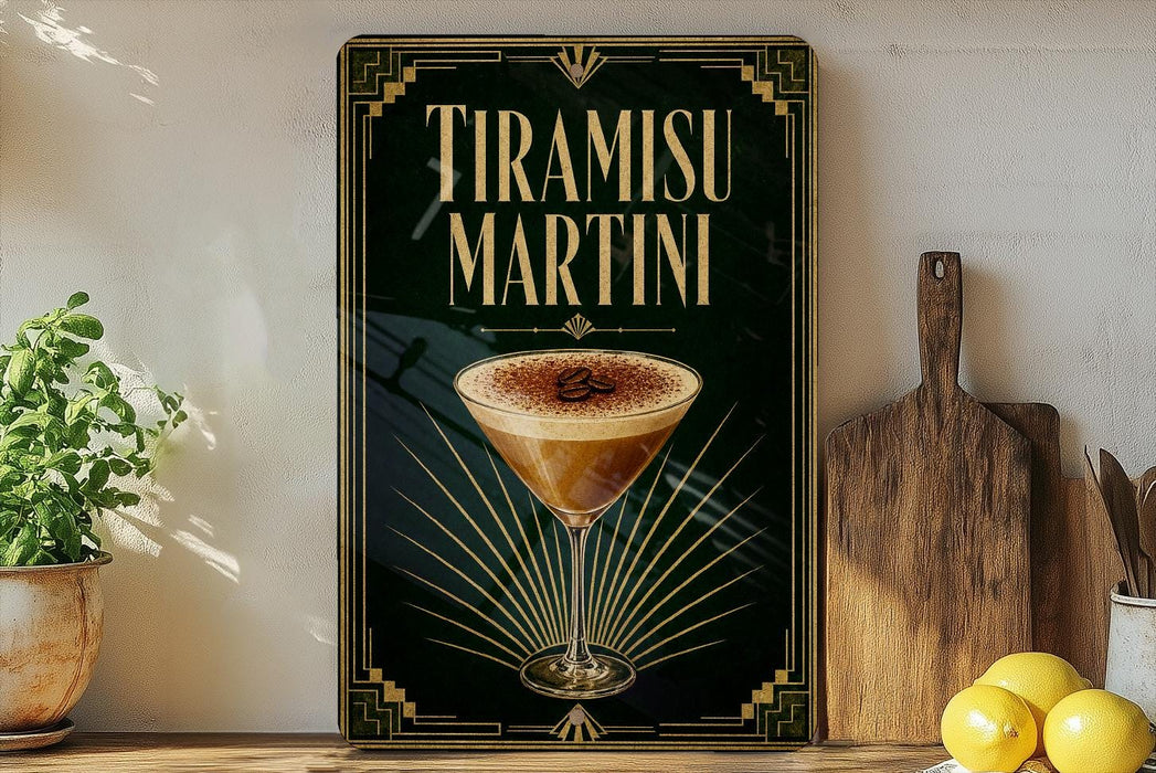 A framed poster of a tiramisu martini is displayed on a wall, with a wooden cutting board and a potted plant to the side.