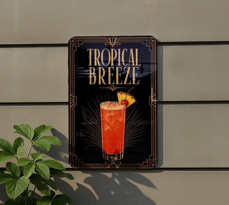 A sign for a tropical breeze drink is displayed on a wall, featuring an illustration of a tall glass filled with a red beverage and a pineapple slice.
