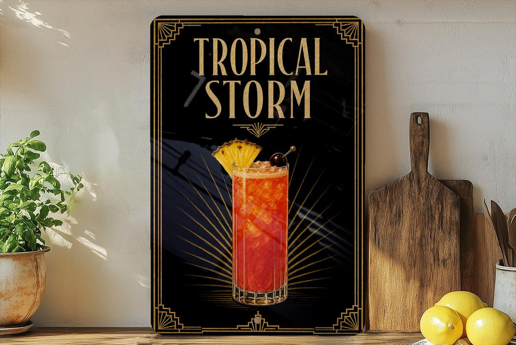 A decorative sign with the text "TROPICAL STORM" and an illustration of a tropical drink, placed on a wooden surface next to a potted plant and a cutting board.