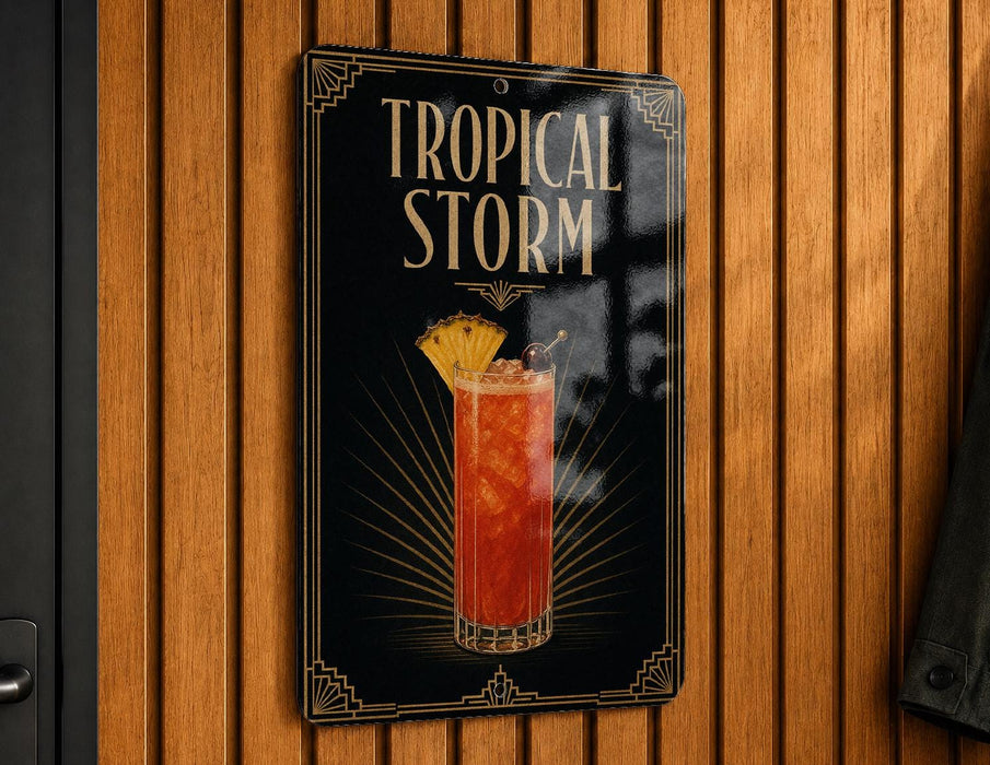 A sign for a tropical storm cocktail is hanging on a wooden wall.