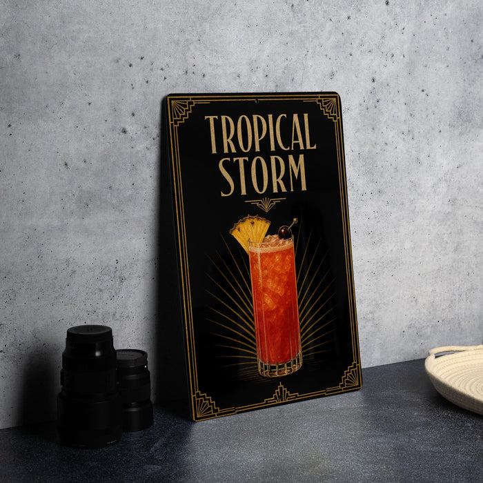 A framed poster with the title "TROPICAL STORM" and an illustration of a cocktail, placed on a gray countertop next to a stack of black camera lenses.