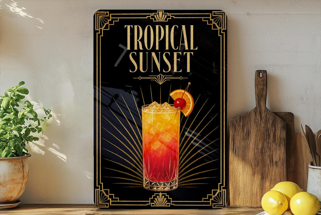 A framed poster of a tropical sunset cocktail is displayed on a wall, with a wooden cutting board and a potted plant to the side.