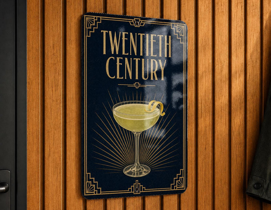 A sign that reads "Twentieth Century" with an illustration of a cocktail glass on a dark background.