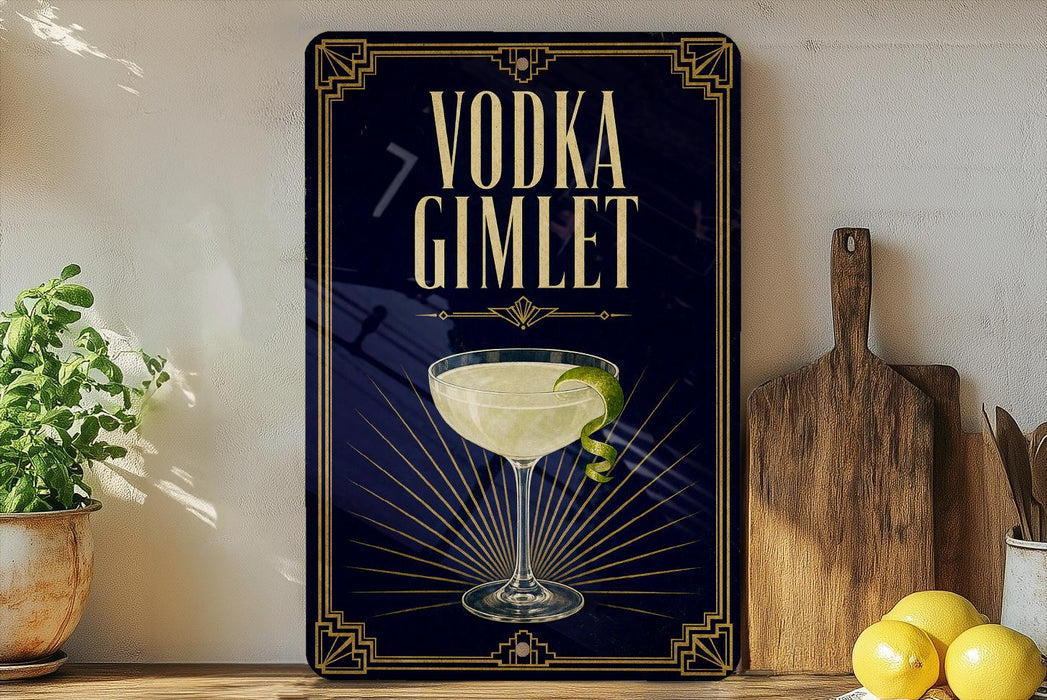 a decorative sign with the text "VODKA GIMLET" and an illustration of a martini glass with a lime twist.