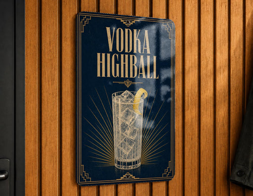 A sign with the text "VODKA HIGHBALL" and an illustration of a cocktail glass with ice cubes and a lemon slice.