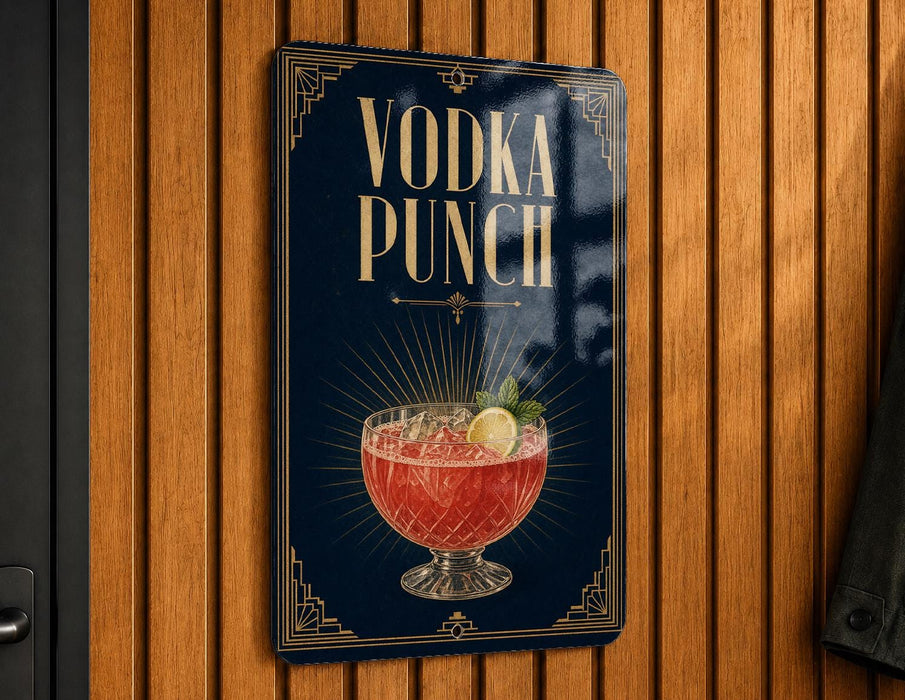 A sign for a vodka punch, featuring an illustration of a glass filled with a red-colored drink and garnished with a lemon slice.