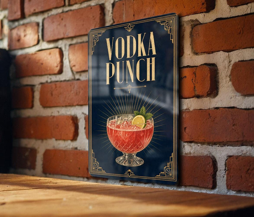 A sign for a vodka punch is displayed on a brick wall.