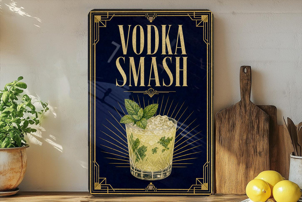 a framed advertisement for a vodka smash cocktail, with a glass of the cocktail and a mint garnish displayed on the poster.