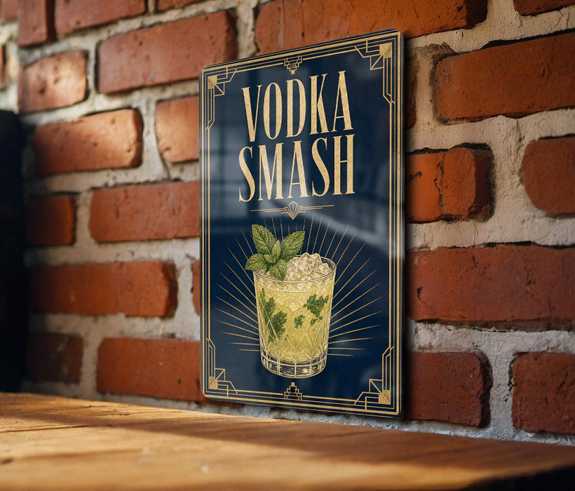 a sign with the text "VODKA SMASH" and an illustration of a cocktail, likely a vodka-based drink.