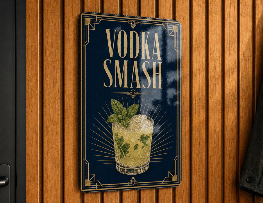 A sign with the text "VODKA SMASH" and an illustration of a cocktail on a dark background.